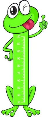 A cartoon frog with bright green skin, oversized eyes, pink tongue sticking out, and one hand raised in a peace sign, with a vertical measurement scale printed down its body from 0 to 160 centimetres.