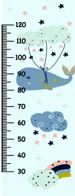A height chart showing a blue whale with stars and clouds above it, and a smaller whale cloud below, marked with measurements from 30 to 120 centimetres.