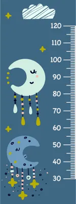 A height chart featuring a smiling crescent moon with closed eyes on a navy background, topped with a fluffy white cloud, surrounded by gold and yellow stars and small decorative elements.
