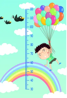 A cartoon illustration of a smiling child holding a large bunch of colourful balloons while standing on a rainbow, with a height measurement scale running vertically alongside them and white clouds scattered across a pale blue background.