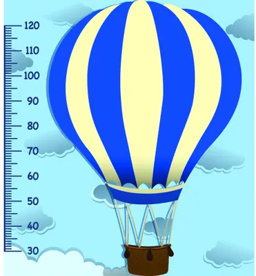 A blue and cream striped hot air balloon with a brown basket floats against a light blue sky with clouds, with a height measurement scale running vertically along the left side.