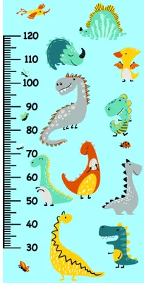 A height chart featuring illustrated dinosaurs in various pastel colours arranged vertically along a measurement scale from 30 to 120 centimetres on a light blue background.