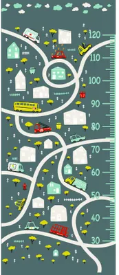 A height chart decorated with a winding road carrying cars, lorries, and buses past illustrated houses and trees on a teal background, marked with measurements from 30 to 120cm.