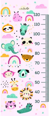 A colourful height chart featuring cartoon animals, rainbows, insects and smiling creatures arranged vertically with measurement markings from 30 to 120 centimetres.