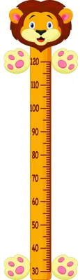 A cartoon lion head with a golden-yellow body serves as the top of a height measurement chart marked with centimetre increments, with large pink paw pads positioned on either side.