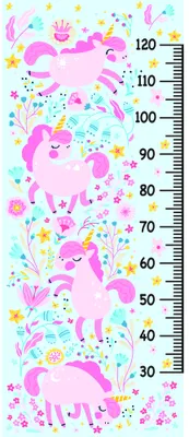 A height measurement chart featuring illustrated pink unicorns, stars, flowers and confetti against a soft pastel background with a numbered scale from 50 to 120 centimetres.