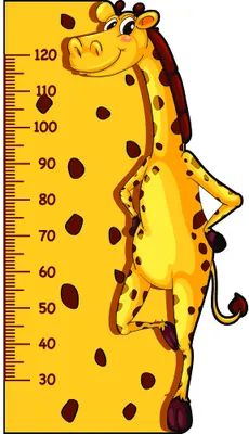 A smiling yellow giraffe with brown spots and curled tail stands beside a numbered height scale from 30 to 120 centimetres.