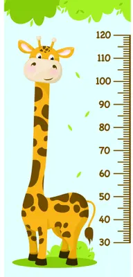 A cartoon giraffe with brown spots stands next to a height measurement ruler marked from 30 to 120 centimetres, with green grass below and blue sky above.