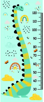 A mint-green height chart featuring a segmented yellow and teal dinosaur with a black spine, surrounded by small rainbows, rain drops, clouds and a bug, with measurement markings from 30 to 120 centimetres.