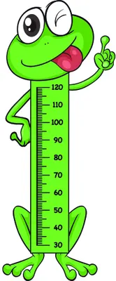 A bright green cartoon frog with large eyes and protruding tongue stands upright as a height measurement chart marked from 30 to 120 centimetres, with the frog giving a peace sign.