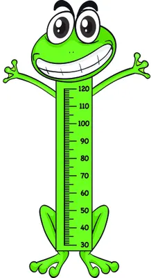 A cartoon frog with a beaming smile and wide eyes holds its arms out to the sides, with a vertical height measurement scale running down its green body from 30 to 120 centimetres.