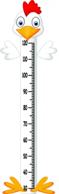 A cartoon rooster with a red comb and spread wings stands above a vertical height measurement scale marked in centimetres from 40 to 120.