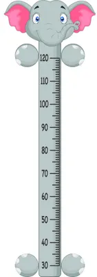 A cartoon elephant with grey body and hot pink ears holding a vertical height measurement ruler marked from 30 to 120 centimetres, with measurement markers and rounded corner weights at top and bottom.