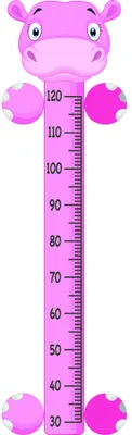 A bright pink cartoon hippopotamus with outstretched arms and legs frames a vertical height measurement scale ranging from 30 to 120 centimetres.