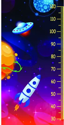 A vertical height measurement chart featuring a cartoon rocket launching upward with planets, stars and a moon against a vibrant gradient background in shades of purple, pink and blue.