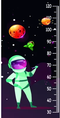 A glowing neon green and pink astronaut character holds up one arm and juggles two colorful planets against a dark starry background, with a height measurement scale running vertically from 30 to 120 centimetres.