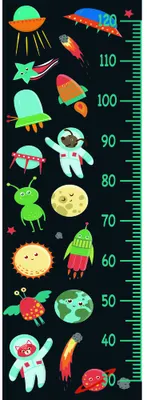 A height measurement chart featuring colourful cartoon alien creatures, UFOs, rockets and celestial objects arranged vertically against a black background with a green measurement scale on the right side.