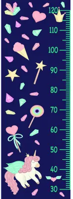 A navy height chart decorated with a pink unicorn, fairy with wand, gold stars, flowers and leaves in pastel shades, numbered from 30 to 120 centimetres.