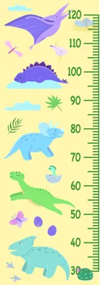 A vertical height chart with illustrated animals in pastel colours arranged by size, from a flying pterodactyl at 120cm down to small insects at 30cm.