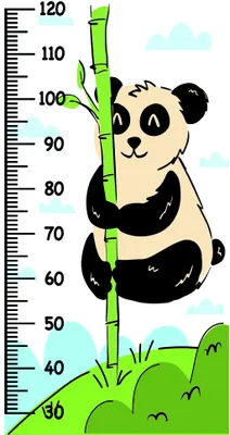 A cartoon panda with a happy expression climbs a vertical green bamboo stalk, with a numbered height measurement scale from 30 to 120 running along the side and small clouds in a pale blue sky.