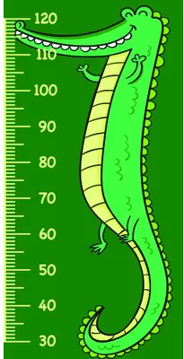 A bright green cartoon crocodile with yellow belly markings and a wide smile stretches vertically along a numbered measurement scale from 30 to 120 centimetres.