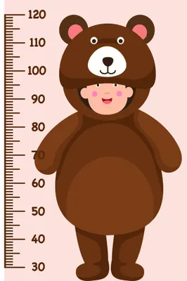 A cartoon brown bear with a big open-mouthed smile stands against a cream background with a numbered height measurement scale running up its side.