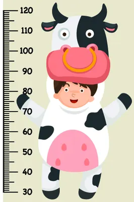 A cartoon height chart showing a smiling child wearing a cow costume with black and white spots, pink nose and horns, standing against a measurement scale from 30 to 120 centimetres on a cream background.