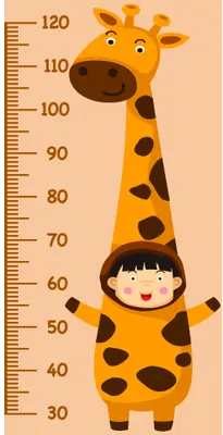A cartoon giraffe with brown spots stands vertically with a smiling child sitting inside its body, alongside a measurement scale from 30 to 120 centimetres.