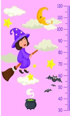 A cartoon witch in a purple hat and robes rides a broomstick upward past clouds, moon, stars and bats, with a height measurement scale from 30 to 120cm marked on the right edge.