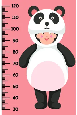 A smiling panda wearing a white onesie stands against a pink background with a measurement scale running up the left side from 30 to 120 centimetres.