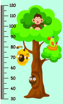 A cartoon illustration of a brown tree with a smiling monkey in its canopy, an owl on the trunk, and a bee nearby, with numbered height measurement markings from 30 to 120 centimetres along the left side.