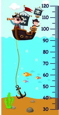 A colourful illustrated height chart showing a pirate ship with cartoon characters sailing above an underwater scene with fish and seaweed, marked with measurements from 30 to 120 centimetres.