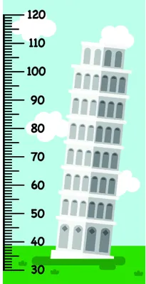 A stylised leaning tower illustration in grey and white against a light teal sky with white clouds, with a height measurement scale numbered 30 to 120 running down the left side against a bright green ground.