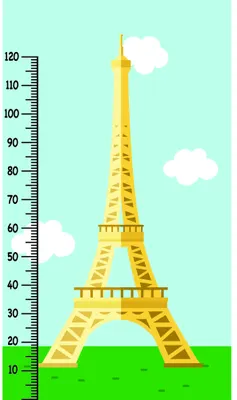 A yellow Eiffel Tower illustrated against a pale green background with white clouds, alongside a black numbered measurement scale from 10 to 120 centimetres.