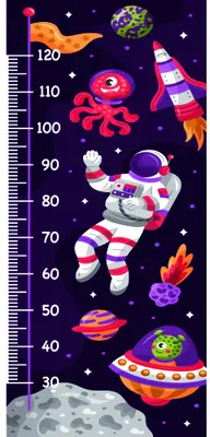 A height measurement chart featuring a cartoon astronaut in a white and red spacesuit floating among colourful planets, rockets, and UFOs against a dark purple starry background.