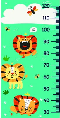 A vertical height measurement chart featuring cartoon lions with open mouths and smiling faces at different heights, along with illustrated bees, set against a bright green background with a black measurement scale on the right side.