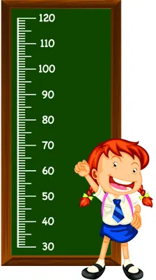 A cartoon illustration of a happy schoolgirl with red pigtails and a blue uniform standing beside a height measurement chart with a green background and brown wooden frame.