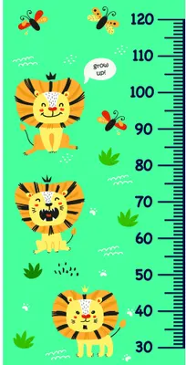 A vertical height chart with three illustrated lions of different sizes against a bright green background, with a measurement scale on the right side and small decorative flowers and insects throughout.