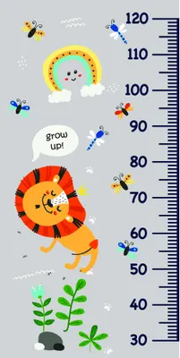 A colourful illustrated height chart featuring a grinning lion surrounded by buzzing insects, a rainbow cloud, and green plants at the base, marked with measurements from 30 to 120 centimetres.