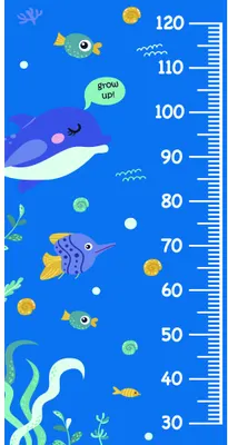 A blue height chart featuring illustrated fish, jellyfish, starfish and seaweed with measurement markings from 30 to 120 centimetres.