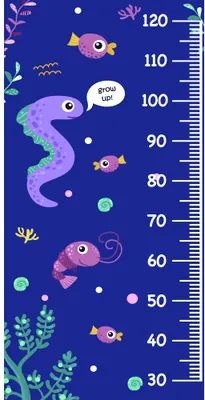 A height measurement chart from 30 to 120cm featuring illustrated fish, jellyfish, sea plants and bubbles in purple and pink tones against a dark blue background with a white measurement scale.