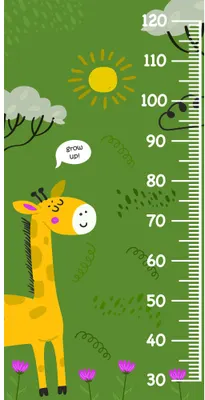 A height chart illustration showing a yellow giraffe looking upward at a yellow sun, with white clouds, green trees, and purple flowers against a green background, marked with measurements from 30 to 120 centimetres.