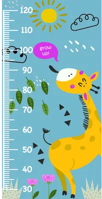 A cartoon yellow llama stands next to a height measurement scale marked from 30 to 120 centimetres, with a smiling sun, grey cloud, rain drops, pink flowers and green leaves scattered around on a soft blue background.
