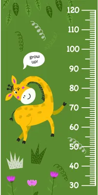 A bright yellow giraffe with a wide grin stands against a green background decorated with leaves and flowers, next to a height measurement scale from 30 to 120 centimetres.
