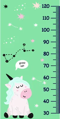 A white unicorn with a pink mane and horn stands on a mint-green background decorated with pink and white stars, with a height measurement scale marked from 30 to 120 centimetres running up the right side.