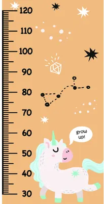 A pastel-coloured unicorn with a horn and flowing mane stands beneath a height measurement scale from 30 to 120 centimetres, surrounded by stars, constellation lines, and the words 'grow up' in a speech bubble.
