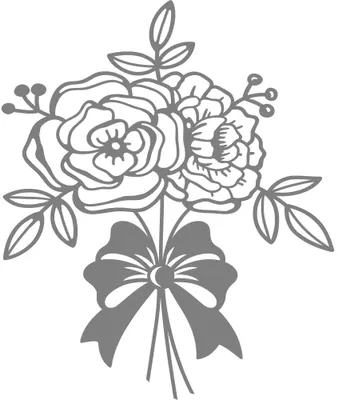 Line drawing of a tied bouquet of full peonies with leaves and a bow, rendered in grey.