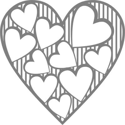 A line art illustration showing multiple white hearts of varying sizes nested inside the outline of one large heart, with vertical hatching filling the background.