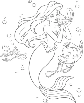 Line drawing of a mermaid with flowing hair swimming surrounded by bubbles and small friendly sea creatures.