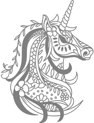 Line drawing of a unicorn's head in profile, filled with decorative patterns including flowers, scales, dots, and curved lines throughout the mane and body.